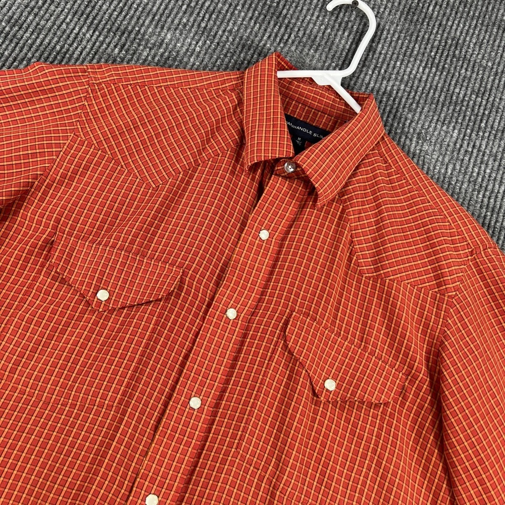 Panhandle Slim Shirt Mens‎ Medium Orange Check Long Sleeve Pearl Snap Western